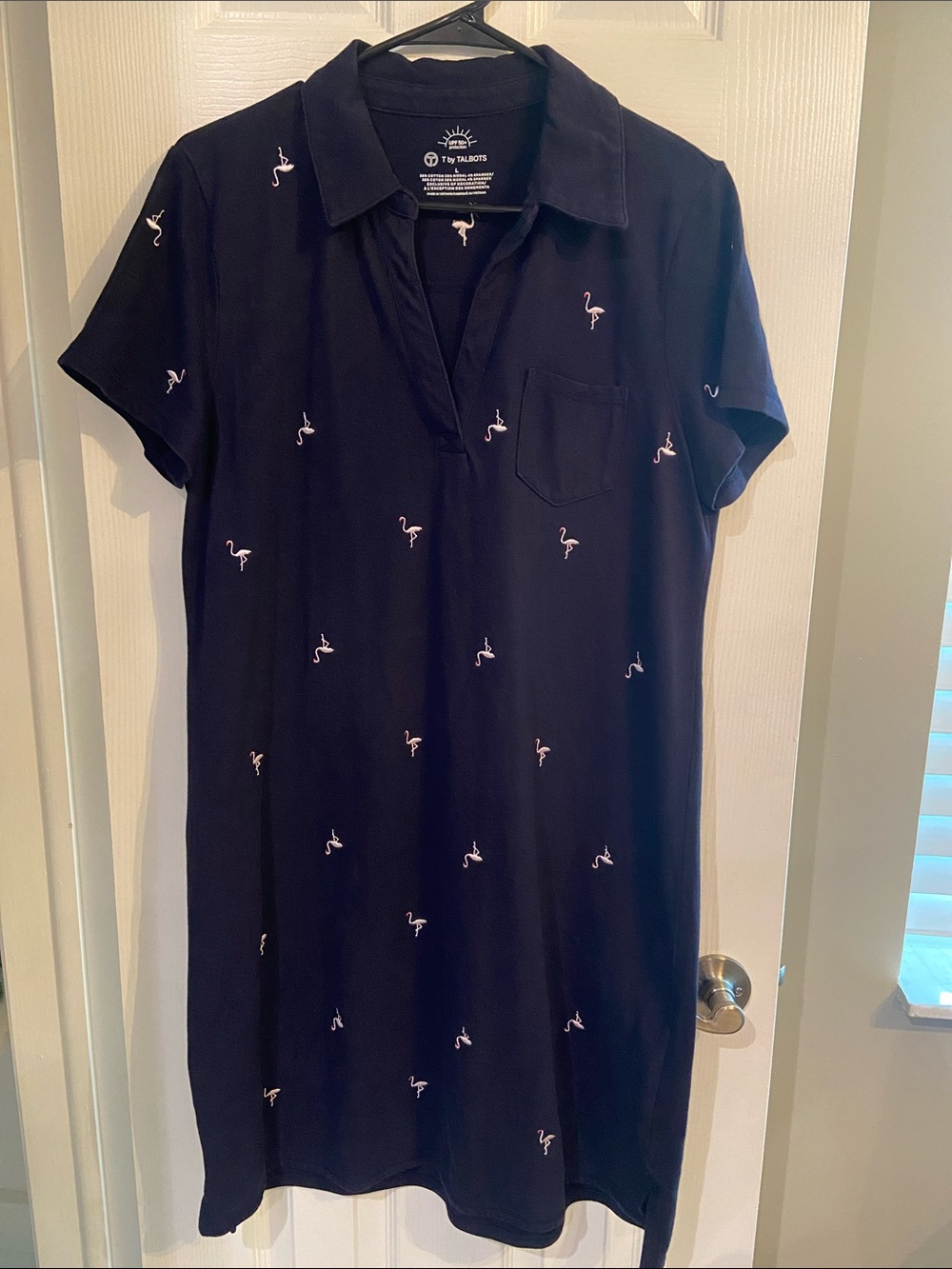 T by Talbots Navy Blue Flamingo Print Dress Size L Short Sleeve Collared